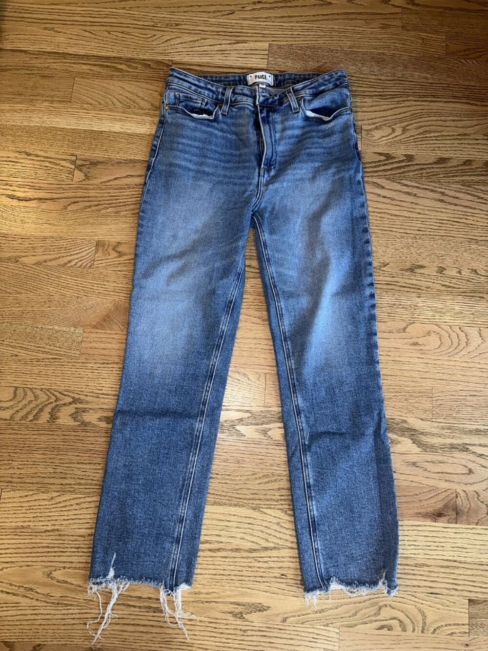 PAIGE Cindy High Rise Straight Jeans Medium Wash Frayed Hem 30